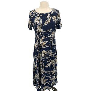 Hilo Hattie Women's Hawaiian Dress Size L Navy & Cream Floral Short Sleeve Rayon